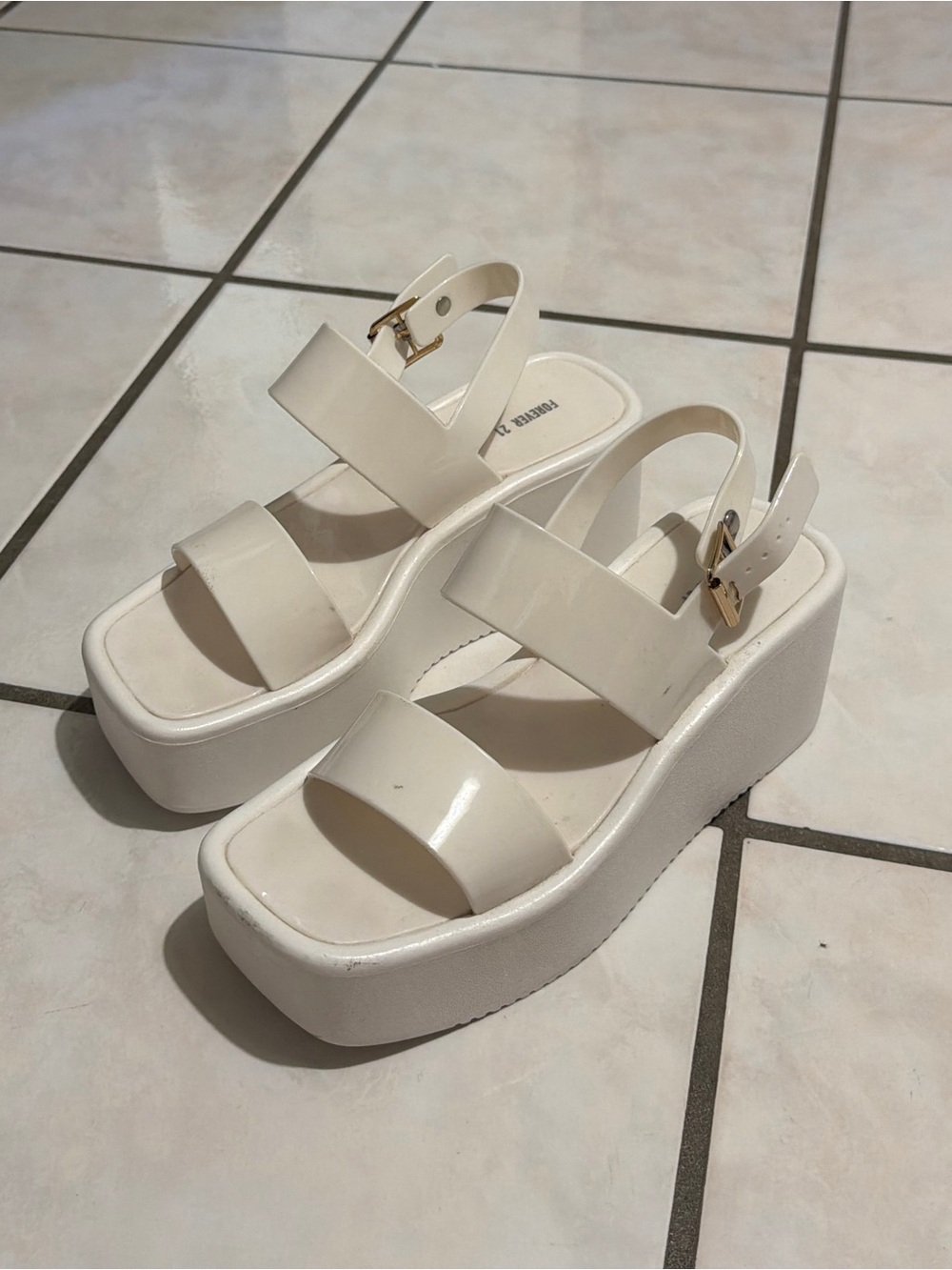 Forever 21 White Platform Wedge Sandals with Gold Buckle Size 6